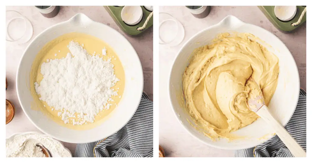 dry ingredients stirred into cake batter