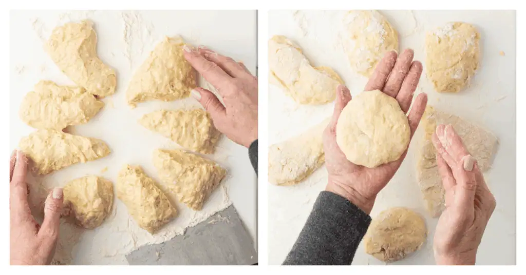 dough divided into eight portions and one portion flattened