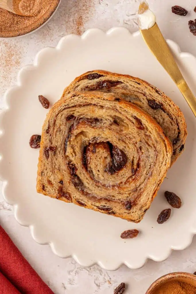 two slices of cinnamon raisin bread on a plate