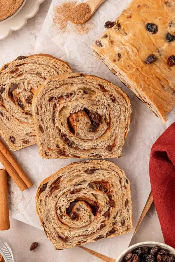 three slices of cinnamon raisin bread