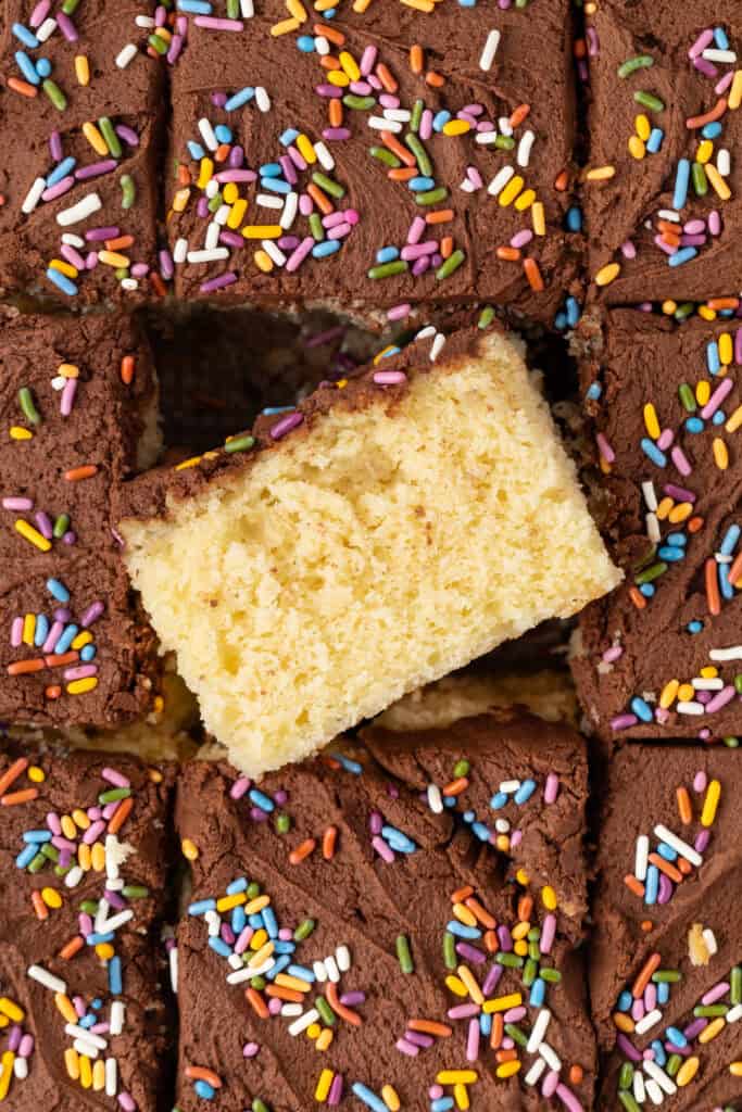 slice of yellow cake turned on its side