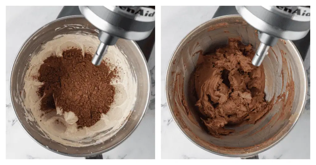 cocoa powder added to the bowl of frosting