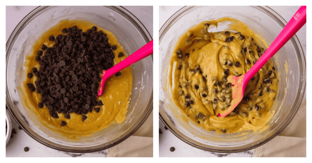 chocolate chips added to the bowl