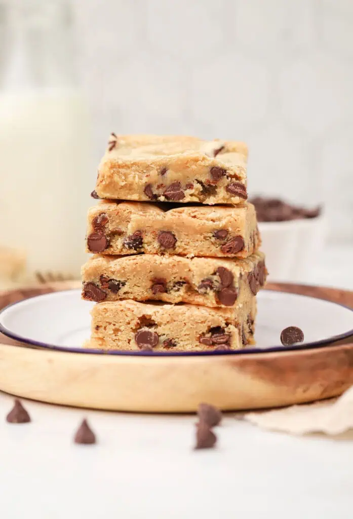 four chocolate chip cookie bars on a plate