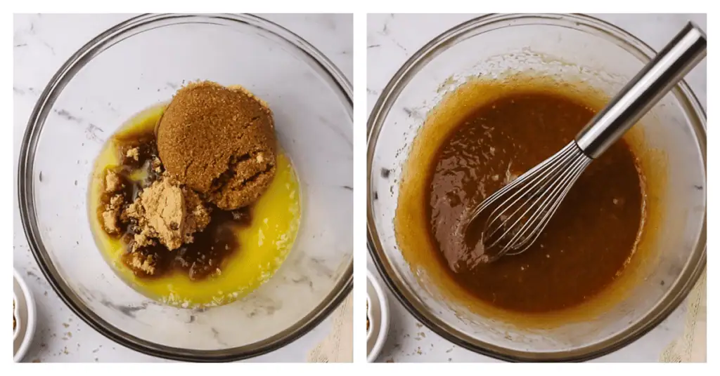 brown sugar, granulated sugar and melted butter whisked together in a bowl