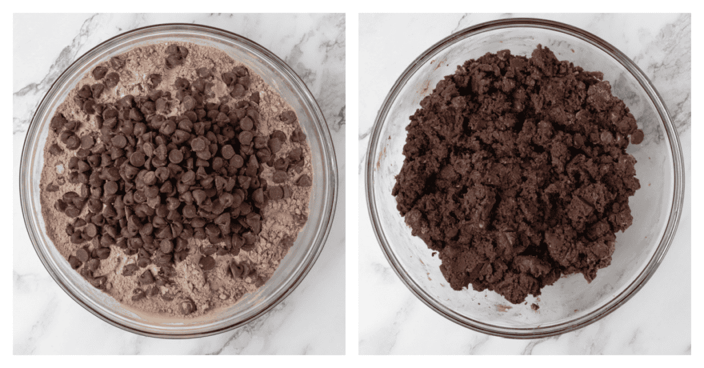 dry ingredients and chocolate chips mixed into the bowl
