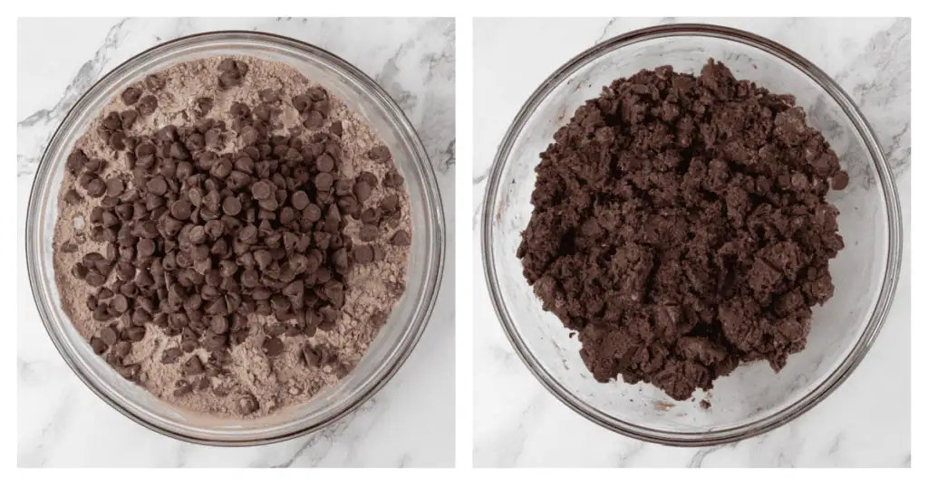 dry ingredients and chocolate chips mixed into the bowl