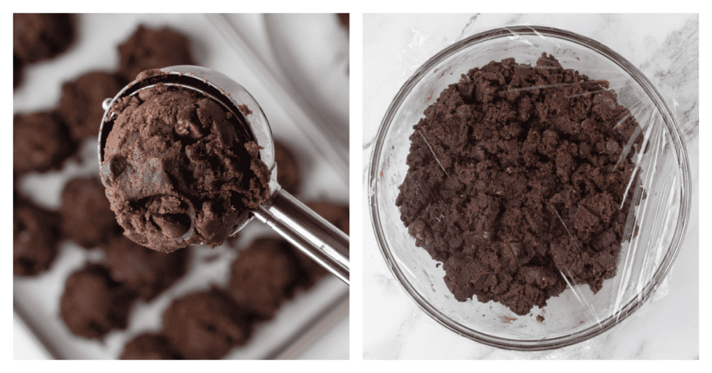 cookie scoop with dough in it and a bowl of dough covered with plastic wrap