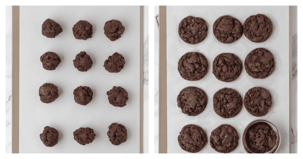 cookie dough balls on a cookie sheet unbaked and baked