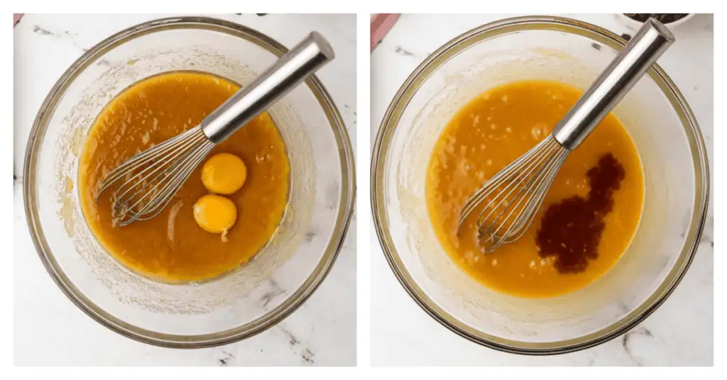 eggs and vanilla whisked into the bowl