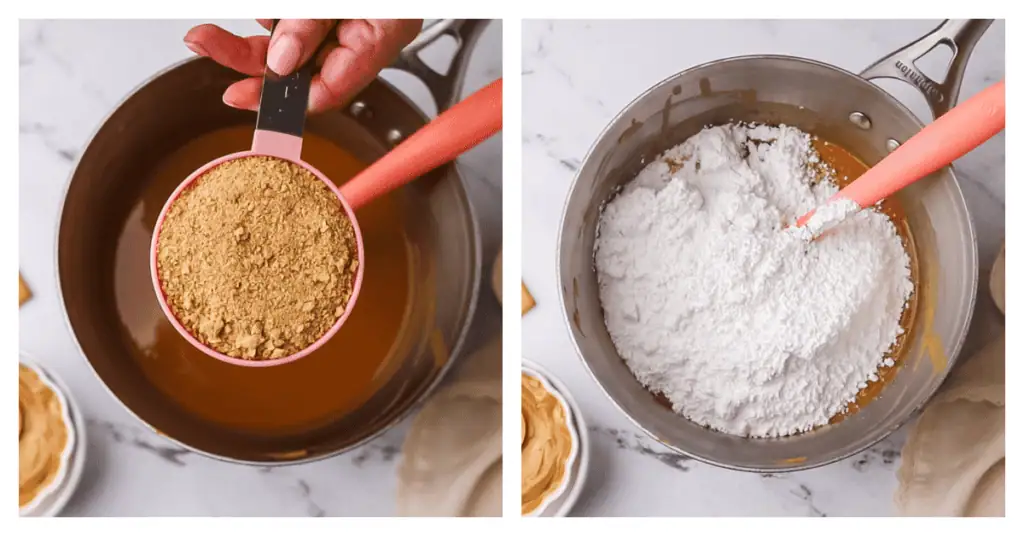 graham crackers and powdered sugar added to the saucepan