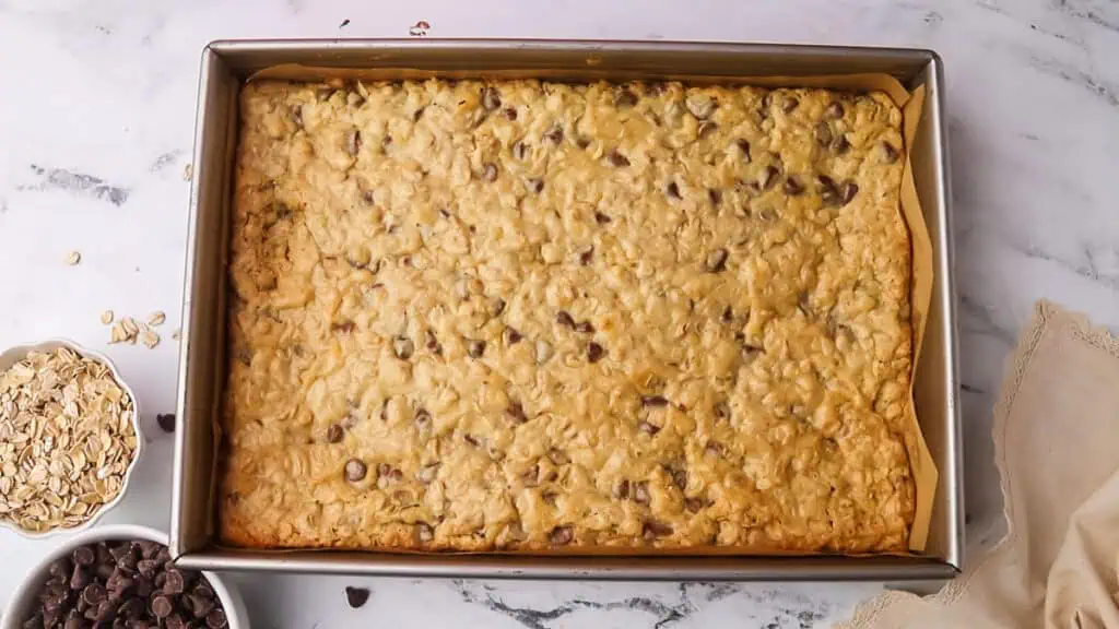 baked oatmeal cookie bars in the pan