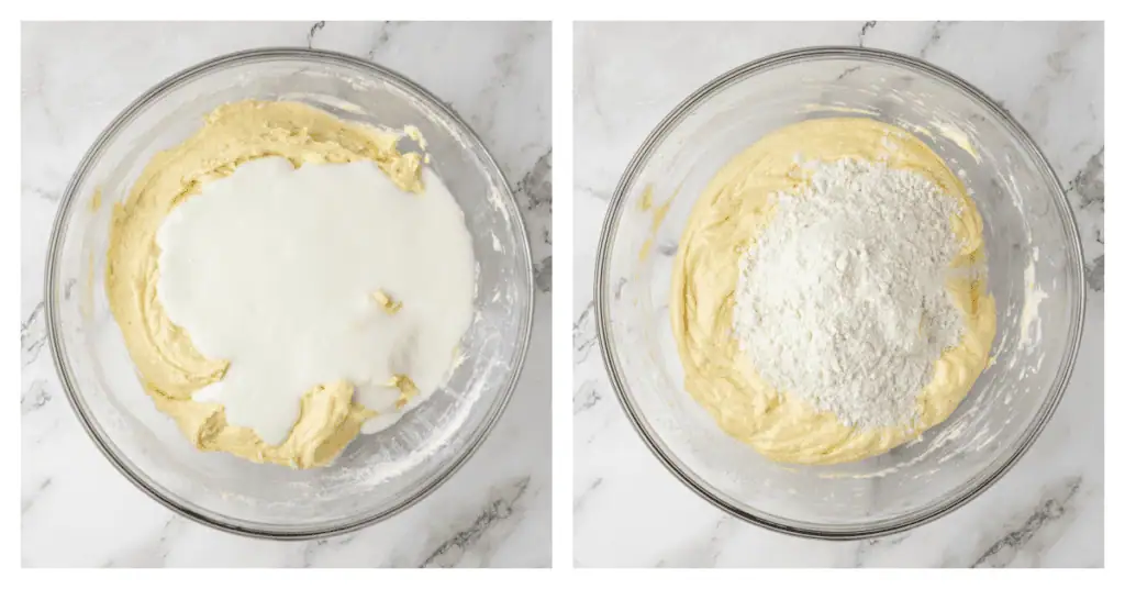 buttermilk and dry ingredients added to the bowl