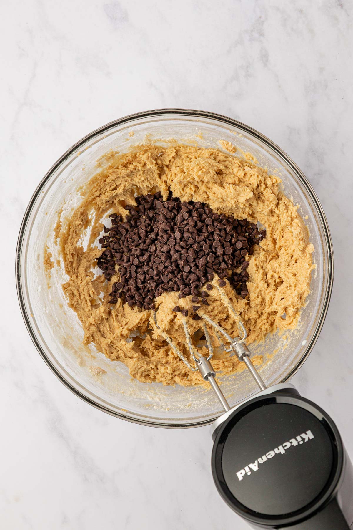 mini chocolate chips added to the bowl
