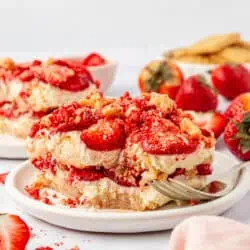 a slice of strawberry tiramisu on a plate
