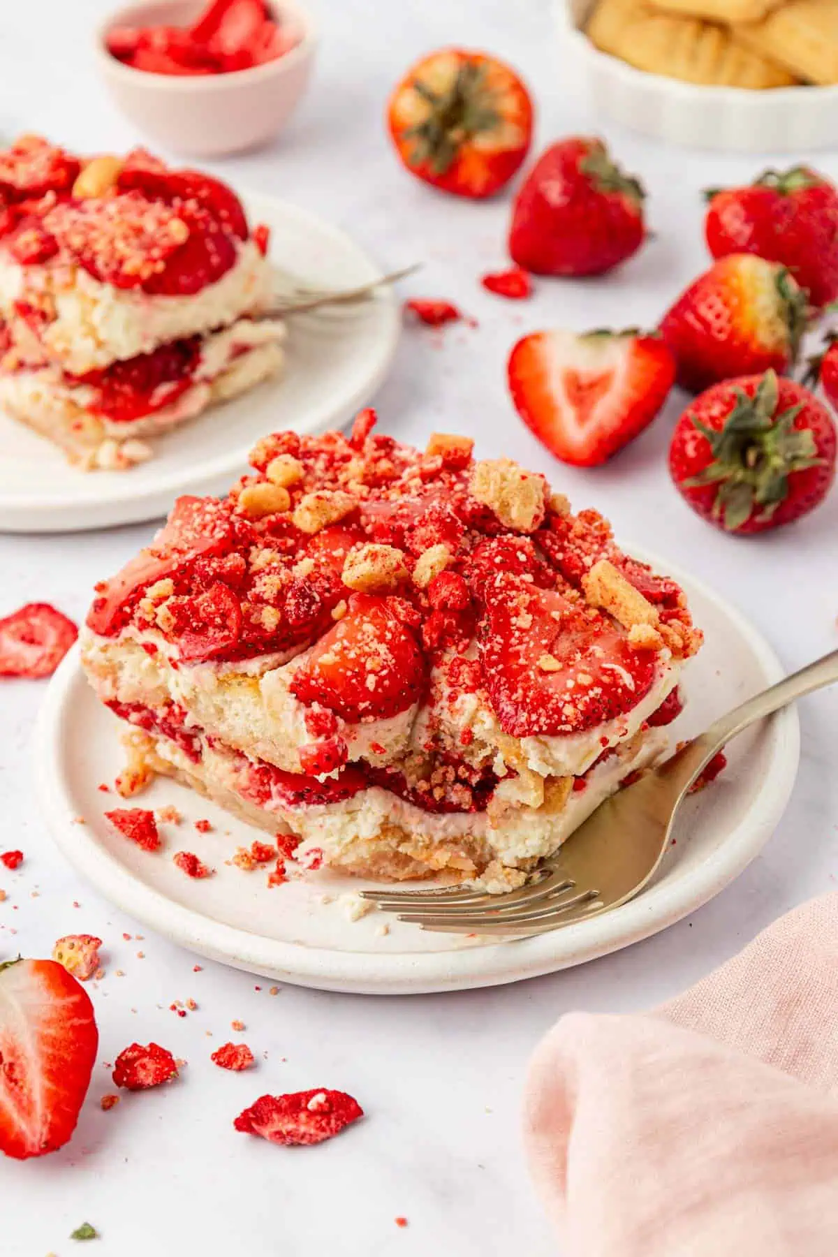slice of strawberry tiramisu on a plate