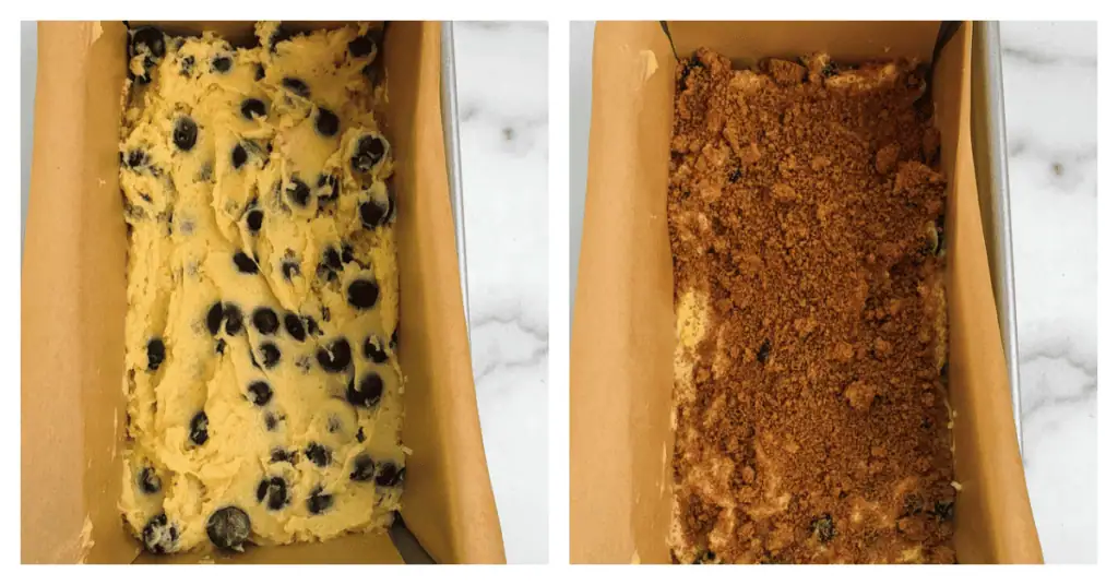 blueberry cinnamon bread spread into a pan and topped with cinnamon sugar mixture.