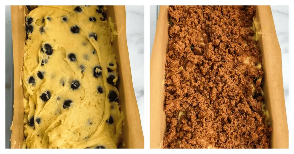 blueberry bread put into a loaf pan and topped with streusel