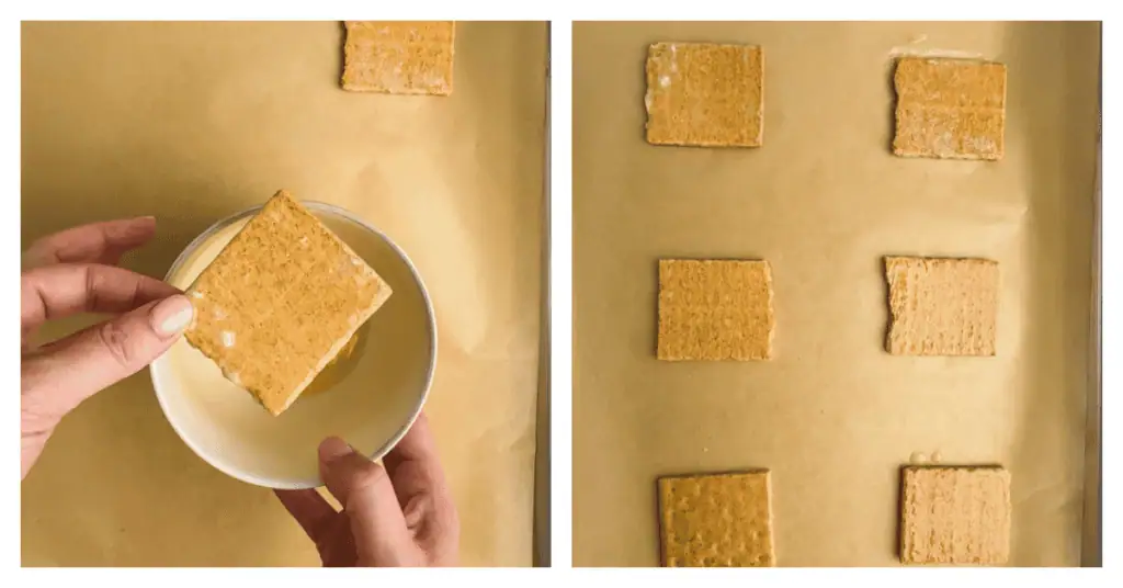 graham crackers dipped in butter and placed onto a cookie sheet
