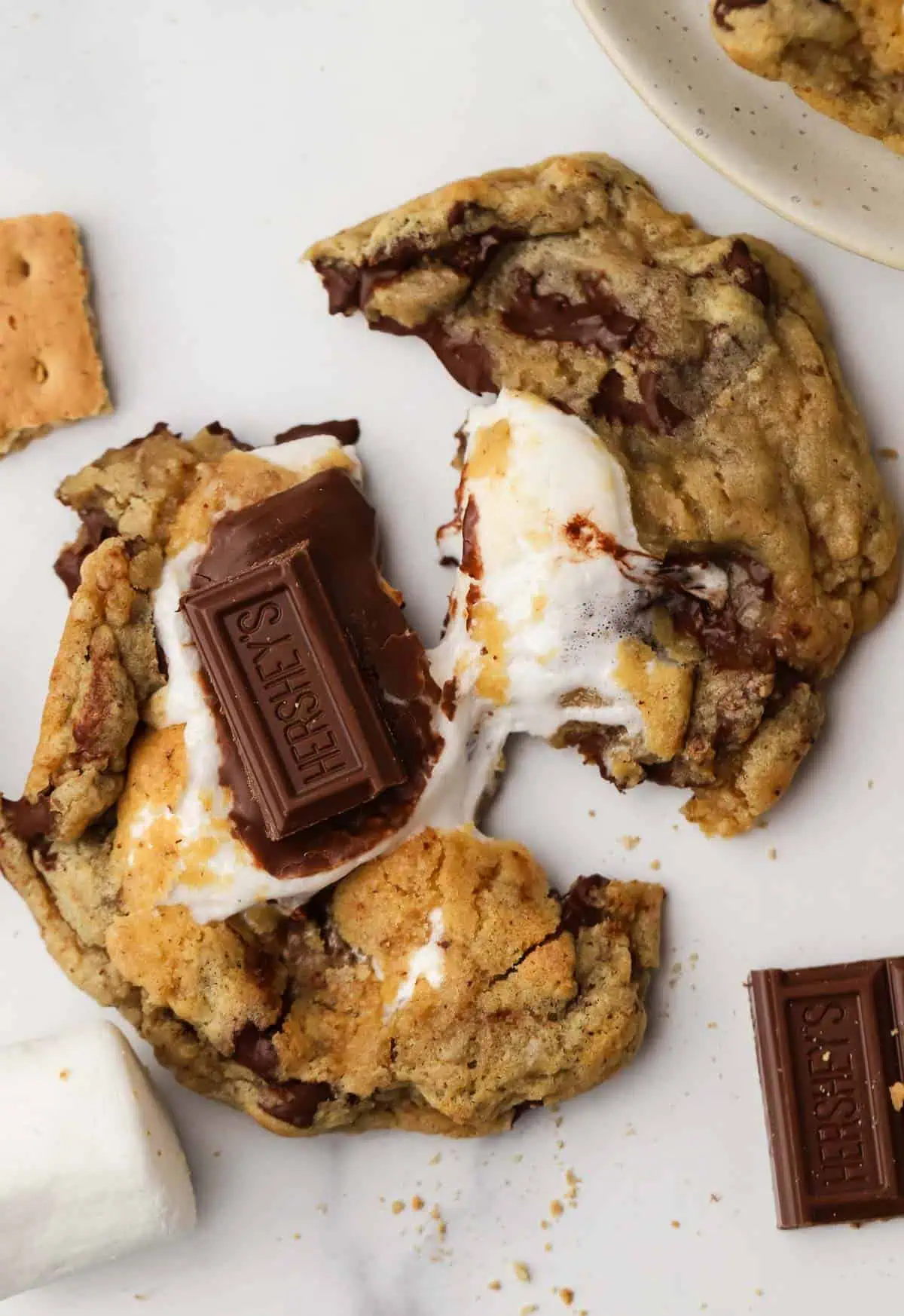 a brown butter smores cookies pulled apart
