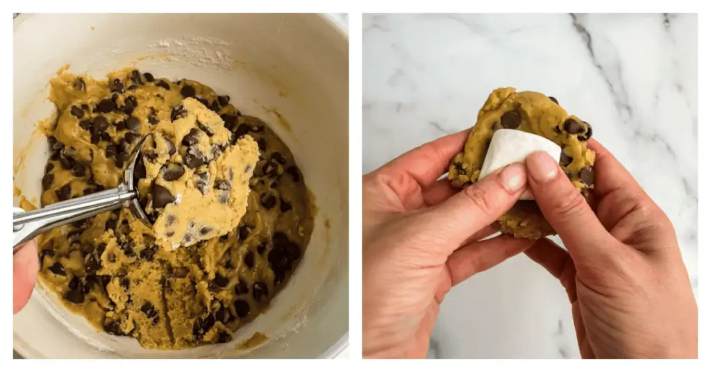 cookie dough scooped and a marshmallow placed on top of a cookie dough ball