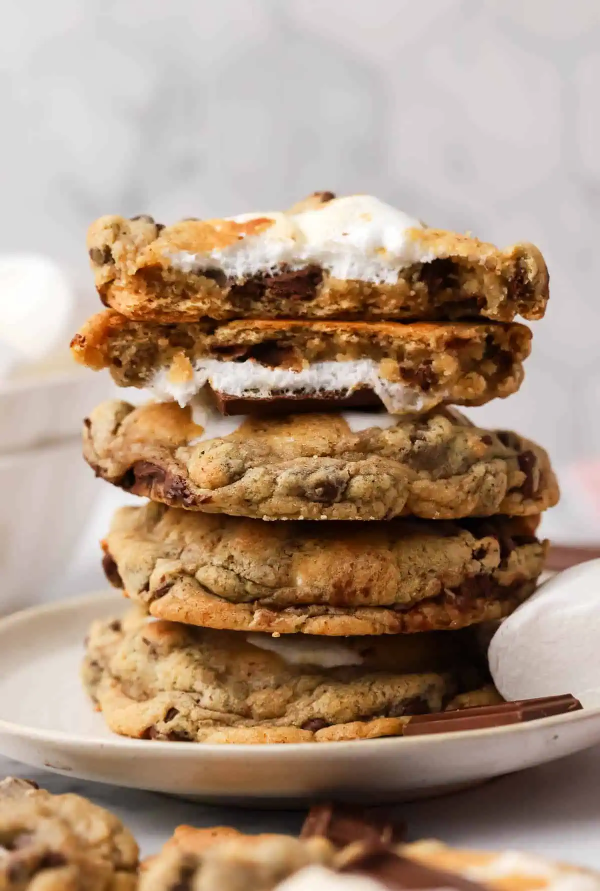 a stack of brown butter smores cookies