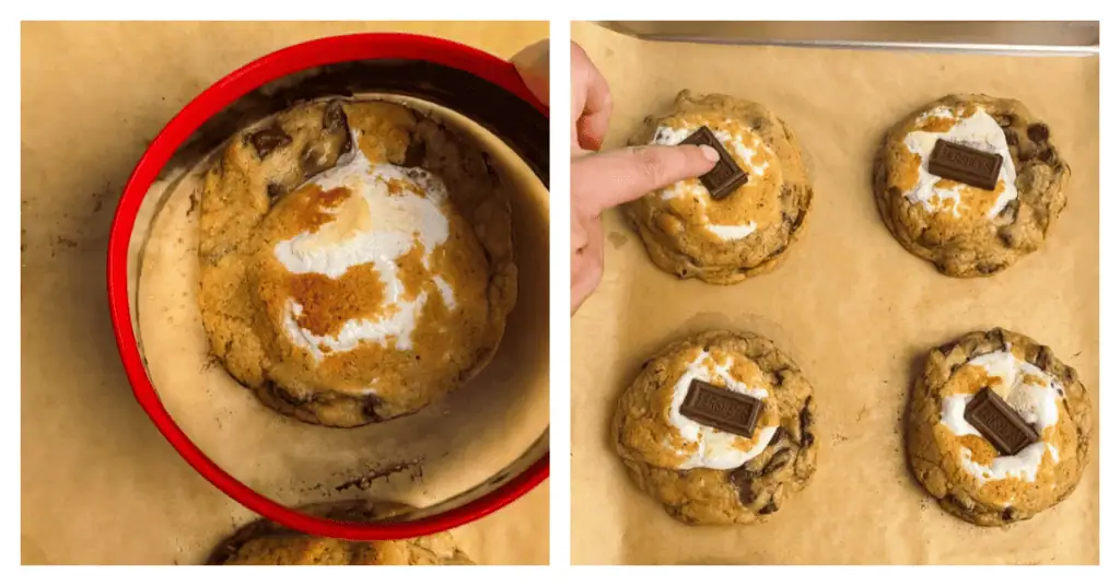 cookie cutter around a cookie and chocolate squares pressed on top