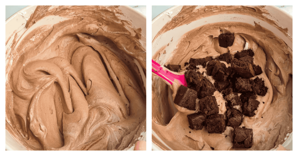 brownie pieces folded into ice cream base