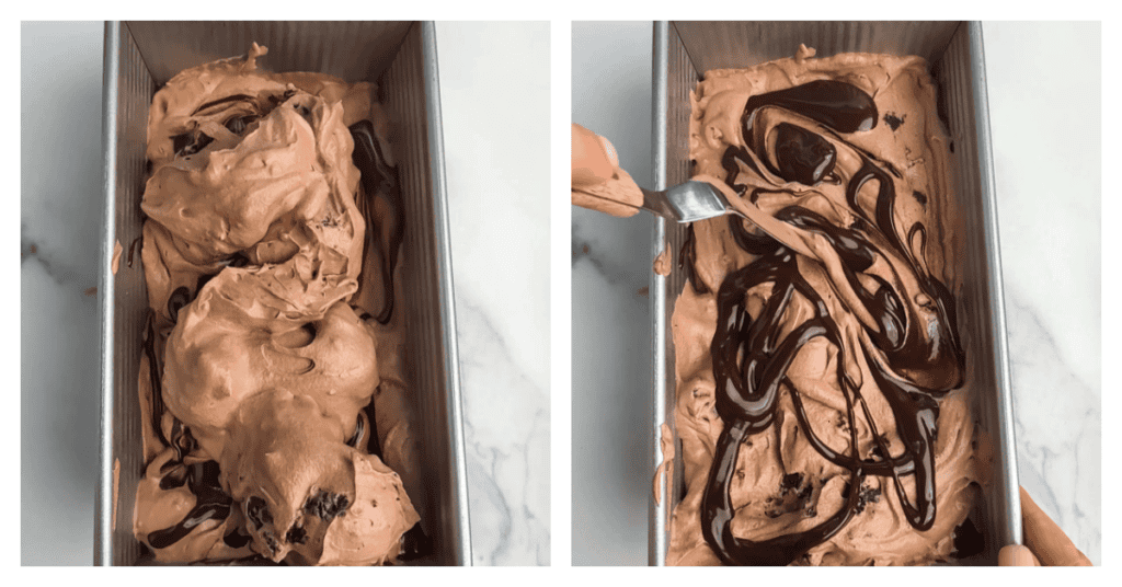 ice cream spooned into the loaf pan and hot fudge swirled in