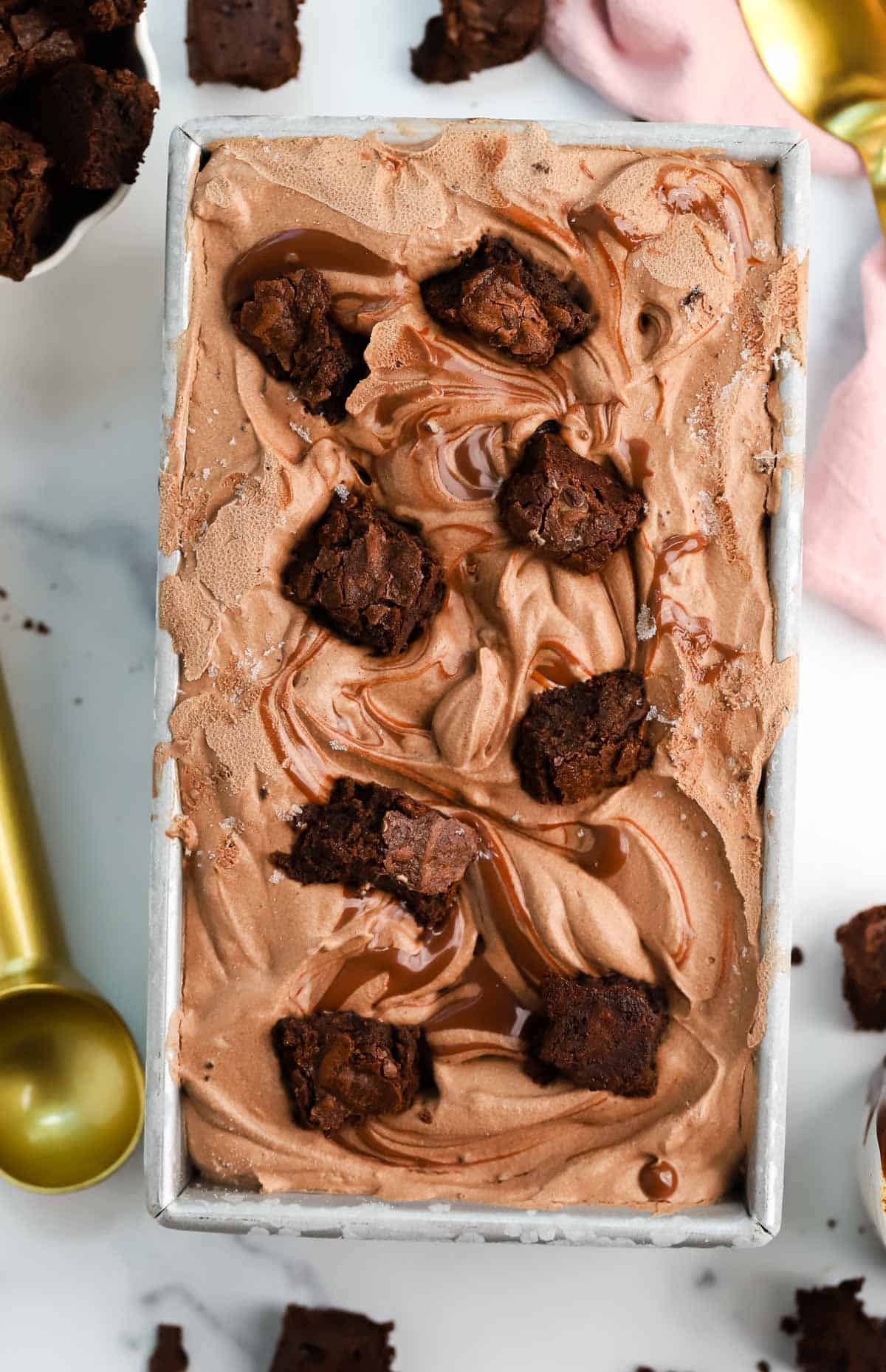 a loaf pan of chocolate fudge brownie ice cream