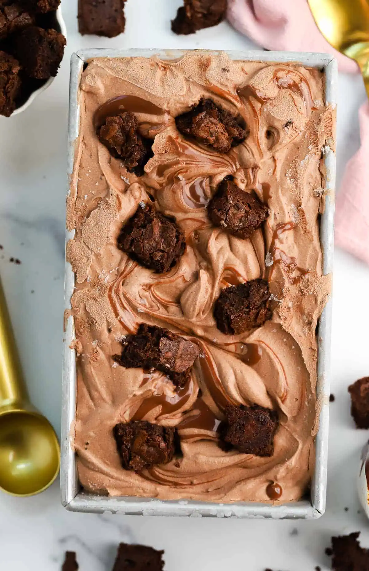 a loaf pan of chocolate fudge brownie ice cream