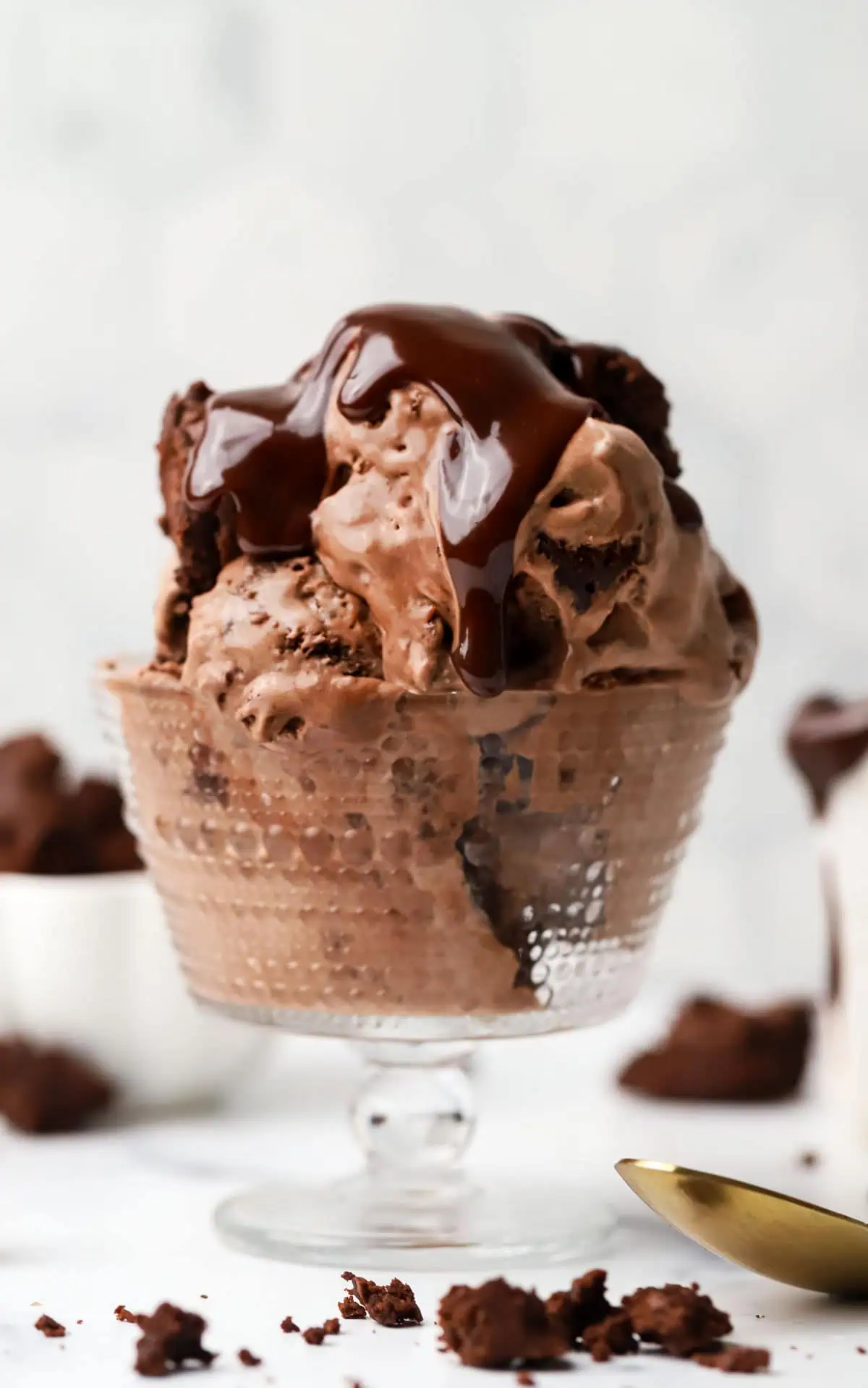 a dish of brownie fudge ice cream topped with hot fudge