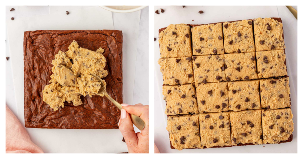 cookie dough spread on top of the brownies