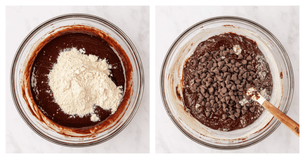 flour and chocolate chips added to the brownie batter