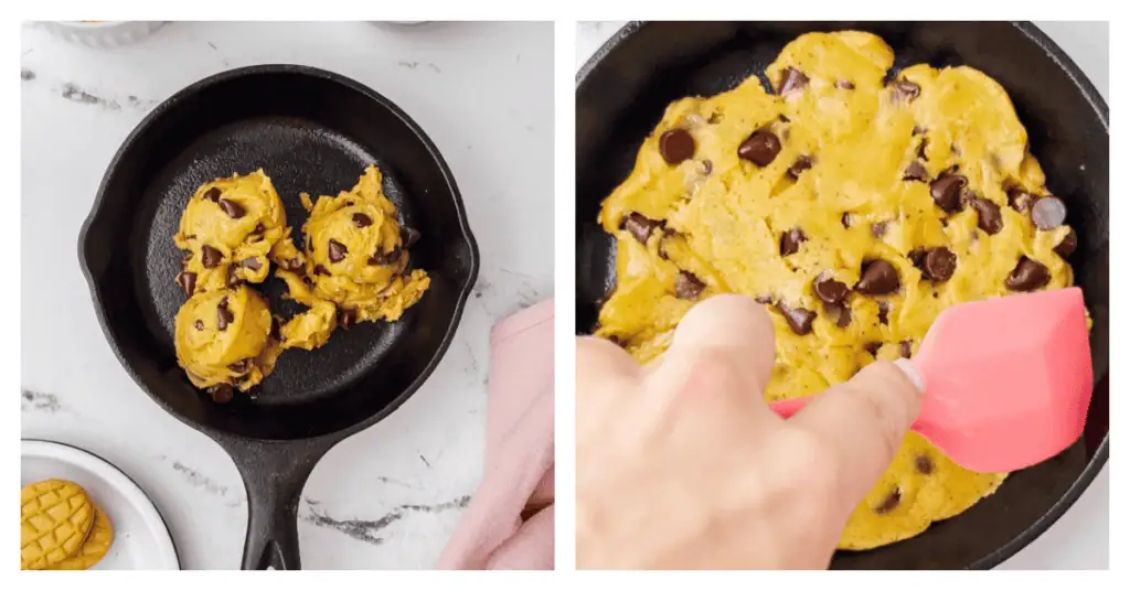 cookie dough pressed into the cookie skillet