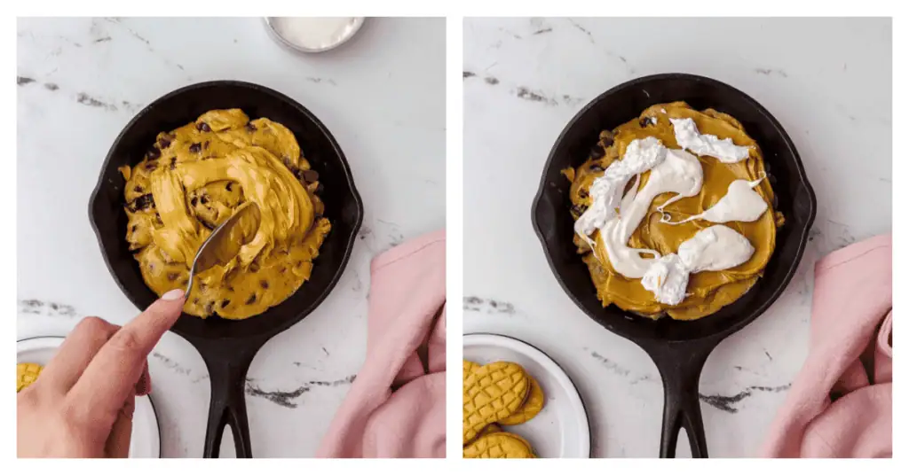 peanut butter and fluff spread on top of cookie dough