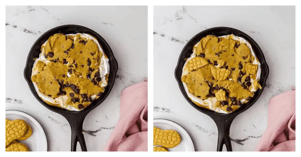 cookie dough pressed into skillet and cookies crumbled on top