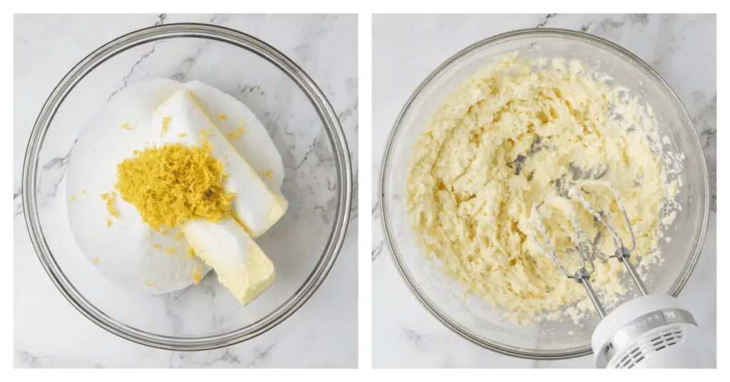 butter, sugar, and lemon zest added to the bowl