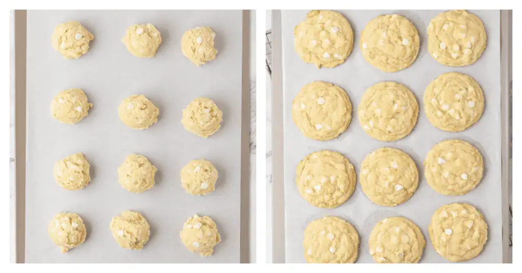 cookie dough balls baked on a cookie sheet
