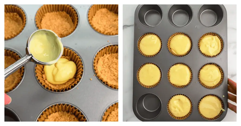 filling spooned into the graham cracker crusts