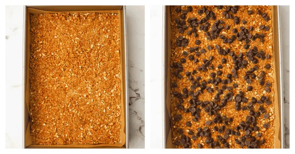 pretzel crust in pan topped with chocolate chips