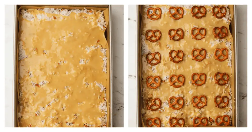 condensed milk mixture poured over and topped with pretzels