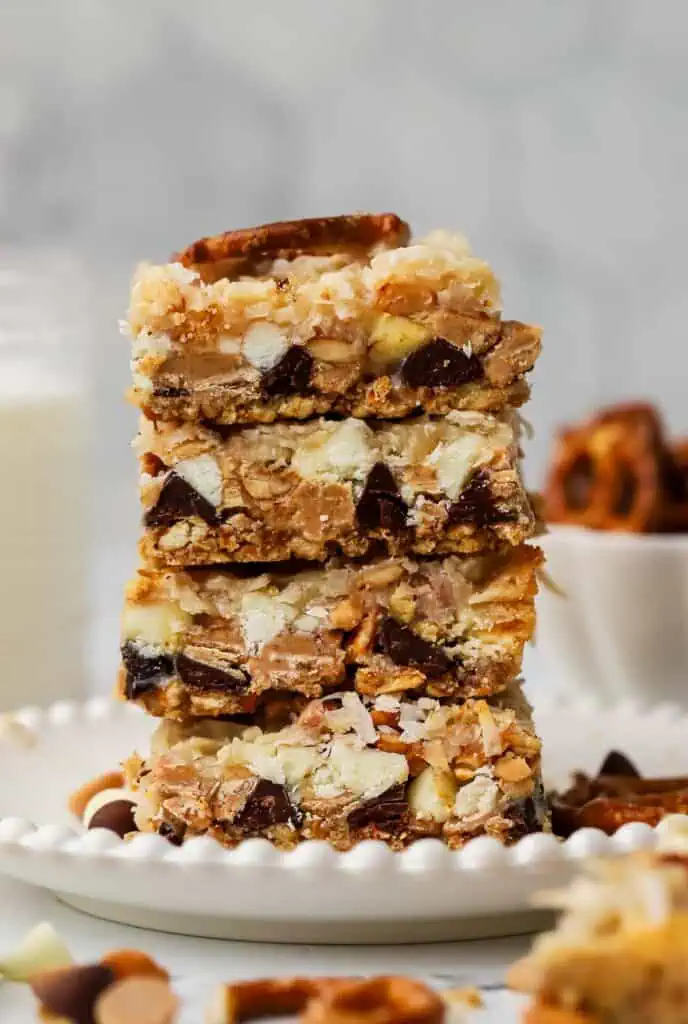 a stack of pretzel magic bars on a plate