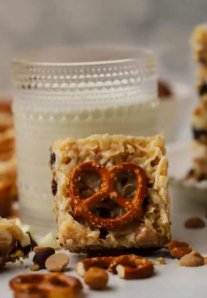 pretzel magic bar leaning against a glass of milk