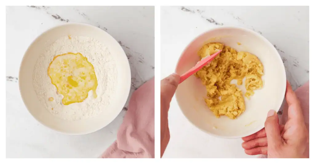 butter, vanilla, and almond extract stirred into the crumble topping