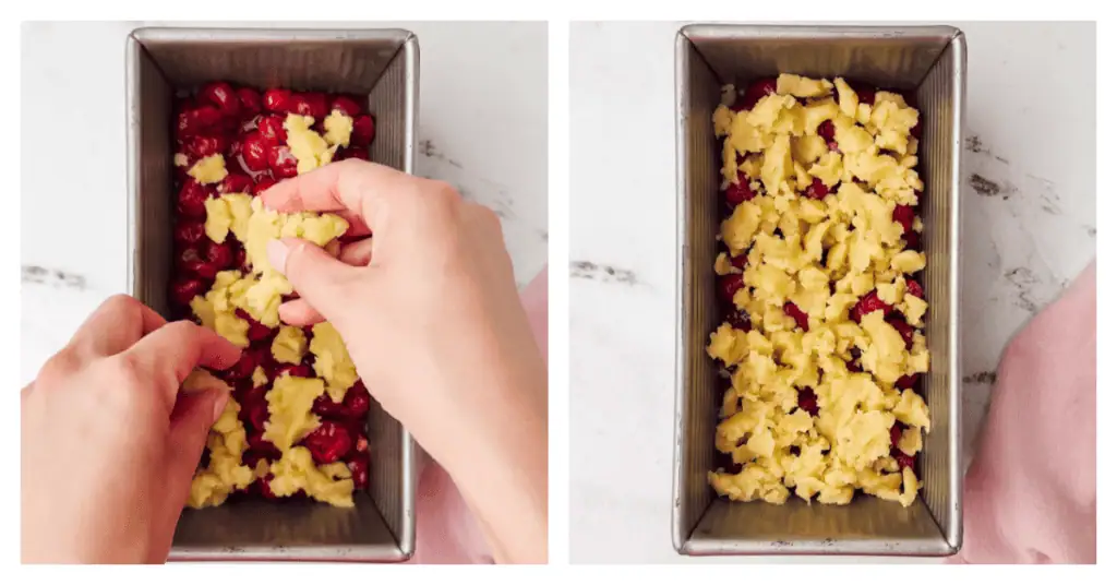 sugar cookie crumble topping crumbled on top of the cherry filling