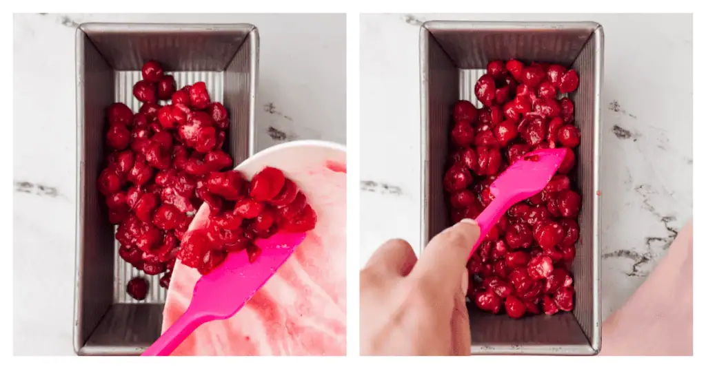 cherry filling spread into a loaf pan