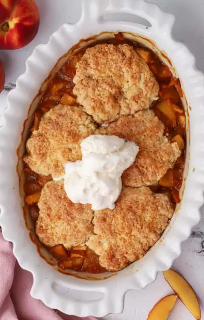 a dish of peach cobbler
