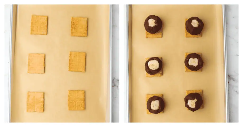cookie dough balls stuffed with marshmallows placed on top of a graham cracker
