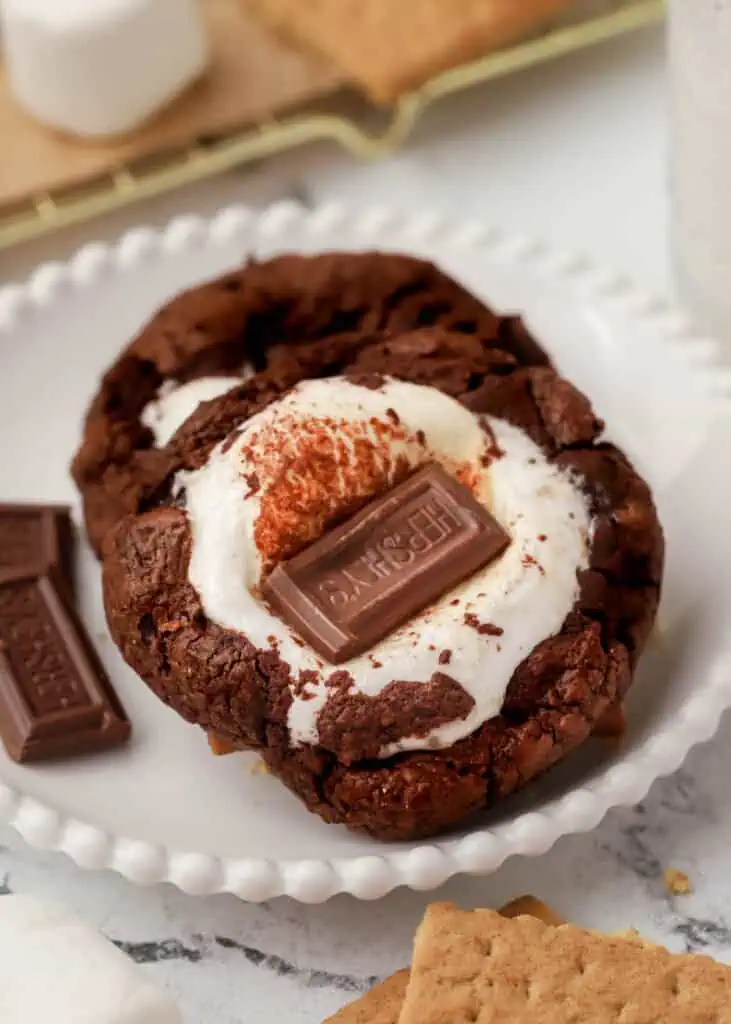 two smores brownie cookies on a plate